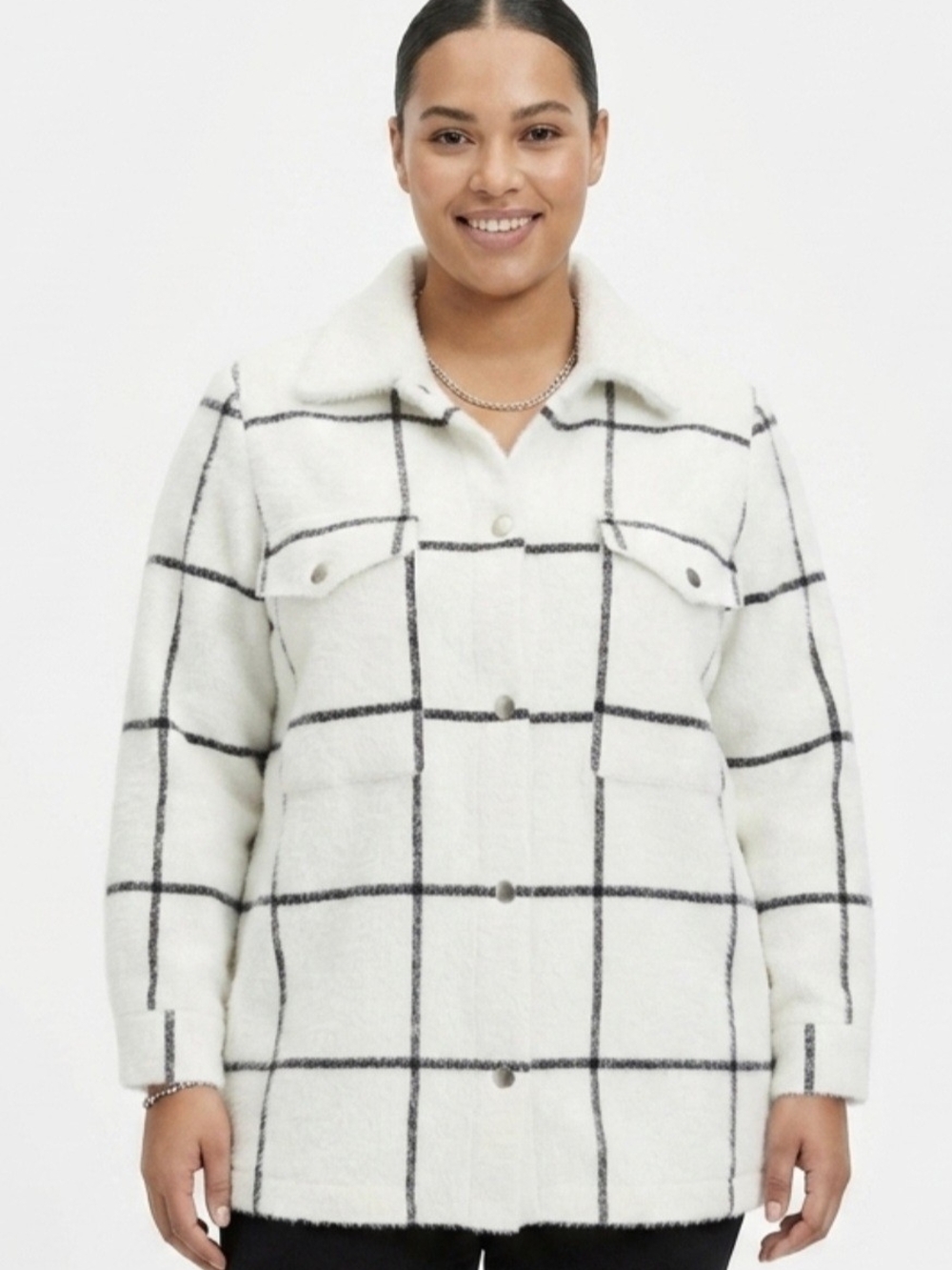 Rachel Zoe White Teddy Plaid Shacket with Black Windowpane